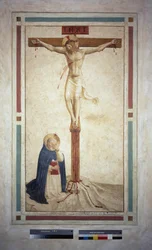 Die Kreuzigung mit dem heiligen Dominikus. Inschrift "INRI" auf dem Kreuz. Fresko von Guido di Pietro