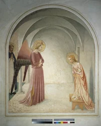Die Verkündigung. Der heilige Petrus Märtyrer steht hinter dem Erzengel Gabriel, der der Jungfrau Maria die Verkündigung macht. Fresko von Guido di Pietro