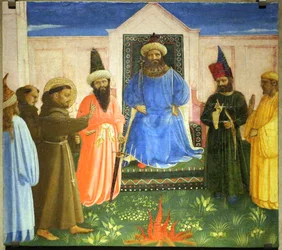 Die Feuerprobe, St. Franziskus bietet an, durch Feuer zu gehen, um den Sultan von Ägypten zu bekehren (Legenda maior, IX, 8)