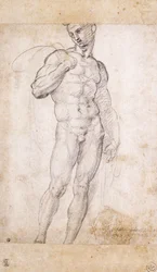 Ein Akt, der einen Umhang über die Schultern hält