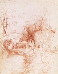 Felsige Landschaft mit Kloster, Zeichnung von Fra Bartolomeo (1472-1517)