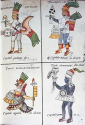 Götter der alten Mexikaner, Huitzilopochtli, Tezcatlipoca, Tlaloc und Paynal, Text auf Spanisch, aus Faksimile des Manuskripts Allgemeine Geschichte der Dinge von Neuspanien, auch bekannt als Florentiner Kodex, von Bernardino de Sahagun
