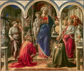 Die Jungfrau mit dem Kind, umgeben von Engeln, dem heiligen Frediano (Fridianus de Lucca oder Frigidanus, Frigidian, Frigianu) und dem heiligen Augustinus, bekannt als Pala Barbadori, 1437-1438. Von der Familie Barbadori für die Bar gestiftet