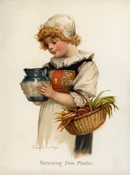 Mädchen: Rückkehr vom Markt (Farblithografie)