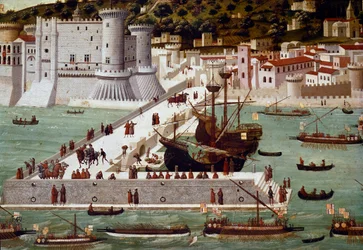 Der Hafen und die Stadt Neapel: Die triumphierende Flotte von Ferdinand von Aragon kehrt nach ihrem Sieg in der Schlacht von Ischia am 6. Juli zurück