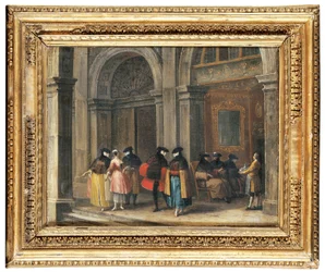 Maskierte Figuren beim Kaffeetrinken im Caffè Florian, Venedig