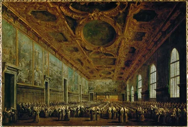 Nach seiner Wahl dankt der Doge dem Großen Rat im Großen Ratssaal des Dogenpalastes in Venedig, Italien