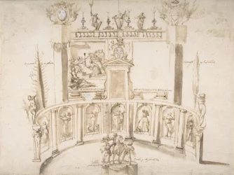 Entwurf für ein Gartenfest mit einer halbkreisförmigen Mauer und Statuen in Nischen, ca. 1635-79