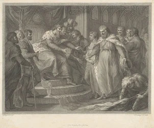 Edward, Prinz von Wales, führt seinem Vater Eduard III. nach der Schlacht von Poitiers den gefangenen König Johann von Frankreich und dessen Söhne vor