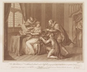Herzöge von Northumberland und Suffolk bitten Lady Jane Grey, die Krone anzunehmen