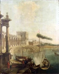Ein Capriccio, Hafen mit Figuren, die eine Fähre beladen