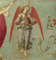 Engel, der Dudelsack spielt, ca. 1475-97 Tempera auf Holz (Detail)