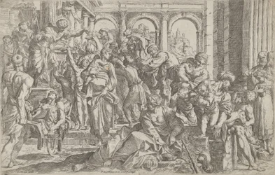 Der heilige Rochus verteilt links Almosen an eine Gruppe von Menschen, nach ..., 1590-1600