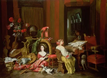 Innenraum mit einer Dame am Cembalo