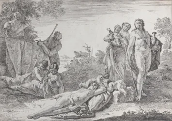 Neun Figuren bei einer Herme des Pan, aus Bacchanals und Geschichten