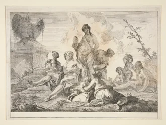 Venus, Vulkan, drei Nymphen und drei Cherubim in einer Landschaft