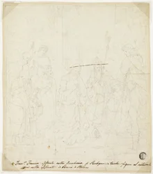 Anbetung des Christkindes mit den Heiligen Joseph, Franz von Assisi und Augustinus, begleitet von Anton Galeazzo Bentivoglio und Alessandro Bentivoglio
