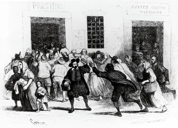 Die Plünderung der Bäckerei der Krücken, Episode aus Die Verlobten, von Alessandro Manzoni, Illustration von Francesco Gonin, Ausgabe 1840