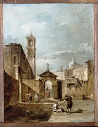 Ein Capriccio eines venezianischen Platzes mit einer Kirche im Hintergrund