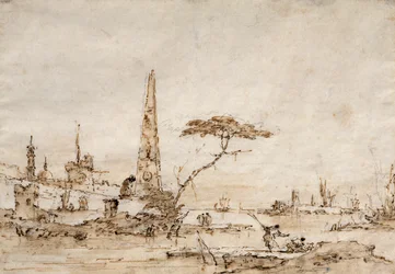 Capriccio neben einer venezianischen Lagune mit einem Obelisken und Löwen außerhalb der Mauern einer befestigten Stadt
