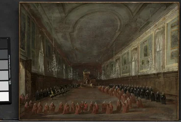 Papst Pius VI. verlässt den Thron, um sich vom Dogen in der Halle von SS. Giovanni e Paolo zu verabschieden, 1782 und Pontifikalzeremonie in SS. Giovanni e Paolo, Venedig, 1782, ca. 1783