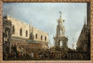 Der Doge von Venedig nimmt an den Festen des Gründonnerstags auf der Piazzetta di San Marco teil, der Doge befindet sich links unter der zentralen Arkade des Dogenpalastes, neben einem ephemeren Denkmal, das auf der Piazzetta errichtet wurde, steht eine me