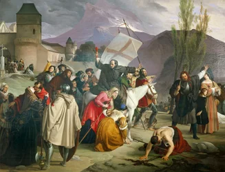 Peter der Einsiedler reitet auf einem weißen Maultier mit einem Kreuz in der Hand und predigt den Kreuzzug