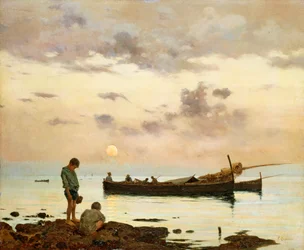 Marina mit Fischerboot und Jungen