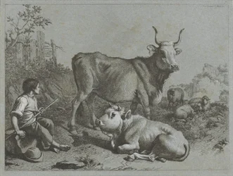 Hirtenjunge mit zwei Rindern und drei Schafen