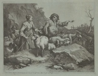 Bauer mit einem Sack und zwei Schäferinnen