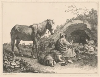 Sitzender Hirte mit Pferd, Hund, Ziegen und Schafen