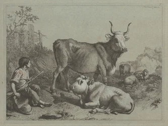 Sitzender Hirte mit einem Stier und einem Ochsen, 1763