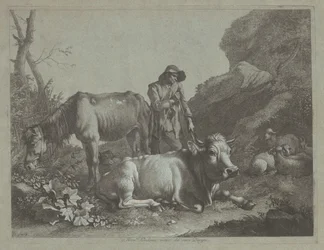 Hirte ruht sich auf einem Spazierstock mit einem alten Pferd und einem liegenden Stier aus, nach 1767