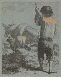 Hirte mit Esel, Schafen und Ziege