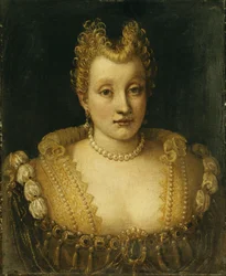 Porträt einer Dame, angeblich aus der Familie Contarini, Brustbild, in einem aufwendigen Kleid mit Juwelen und einer Perlenkette und Ohrringen