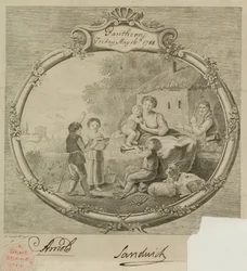 Bauernhofszene, mit singenden und musizierenden Kindern