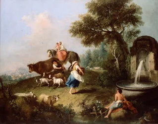 Landschaft mit einem Brunnen, Figuren und Tieren