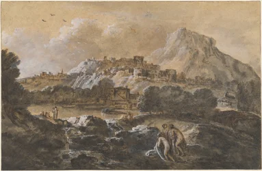 Gebirgige Flusslandschaft mit Badenden
