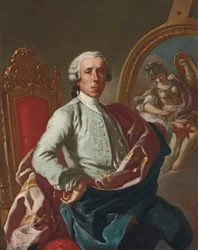 Porträt des Künstlers, dreiviertel Länge, sitzend, einen Bleistift haltend, an einer Staffelei mit einem Bild von Minerva