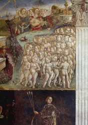 Allegorie des Monats Mai, Detail des Triumphs von Apollo, nackte Kinder und neun Musen (Detail) Fresko von Francesco del Cossa, Ferrara, Palazzo Schifanoia, Salone dei Mesi