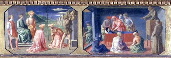 (LtoR) Das Martyrium der SS. Cosmas und Damian, St. Antonius von Padua findet das Herz des Geizhalses; zwei Tafeln der Predella der Madonna mit Kind auf dem Thron von Filippo Lippi (ca. 1406-69)