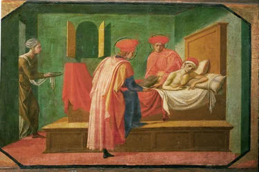 Die Heiligen Cosmas und Damian behandeln einen Kranken