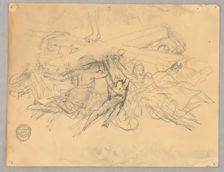 Skizze von Figuren, die ein Kreuz tragen