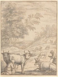 Eine Wiese mit Rindern und Hirschen