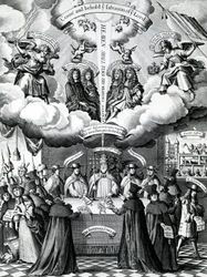 Die glücklichen Instrumente der Rettung Englands, veröffentlicht von Benjamin Combe nach Francis Barlow, April 1681