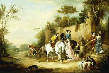 Eine Falkenjagdgesellschaft, die von den Stufen eines Landhauses aufbricht, 1828