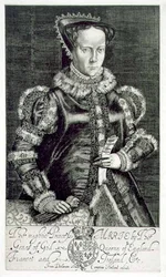 Porträt von Maria I. (1516-58) mit der Bittschrift von Thomas Hongar, graviert vom Künstler, veröffentlicht von Compton Holland