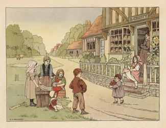 Viktorianische Kinder vor der Dorfbäckerei B. Crusty. Chromolithographie nach einer Illustration von Francis Donkin Bedford aus Edward Verrall Lucas
