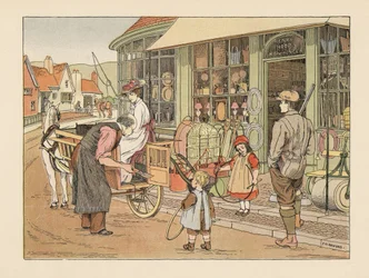 Viktorianische Familie bei Henry Hoop, dem Dorfeisenwarenhändler. Chromolithographie nach einer Illustration von Francis Donkin Bedford aus Edward Verrall Lucas