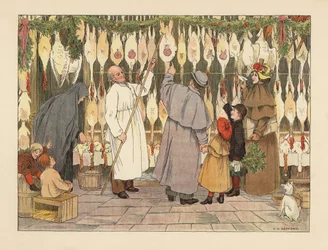 Viktorianische Familie wählt einen Truthahn für Weihnachten beim Geflügelhändler. Metzger im Kittel mit einem Haken, der einen Vogel entfernt. Chromolithographie nach einer Illustration von Francis Donkin Bedford aus Edward Verrall Lucas